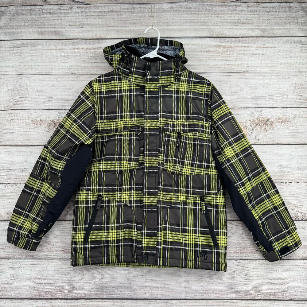 Triple Nickel 555 Plaid Snowboard Jacket Youth Boys 14 Black Yellow White
